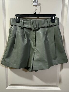 lalavon High-Waist Belted Faux Leather Shorts in Sage Green